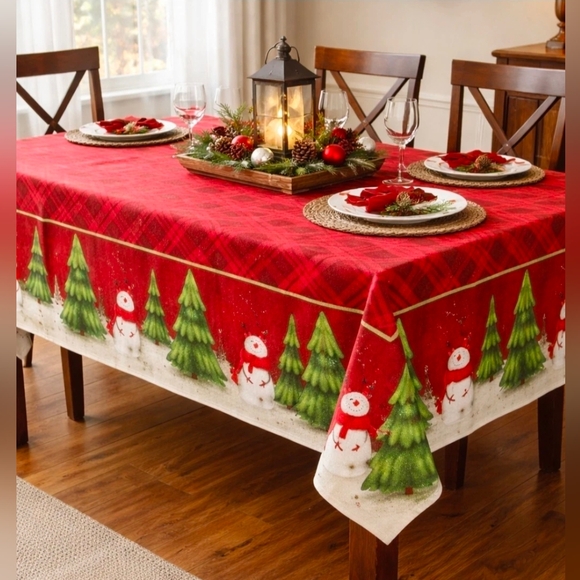 Holiday Time Other - Holiday Time Tablecloth NEW Christmas Red plaid with Snowmen 60x84 PEVA